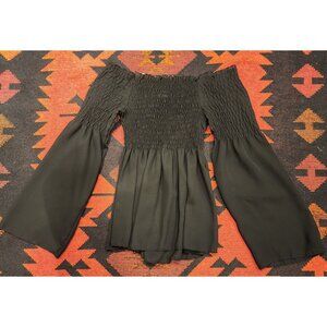 VINTAGE Black Off-Shoulder Smocked Top With Bell Sleeves By Lucé